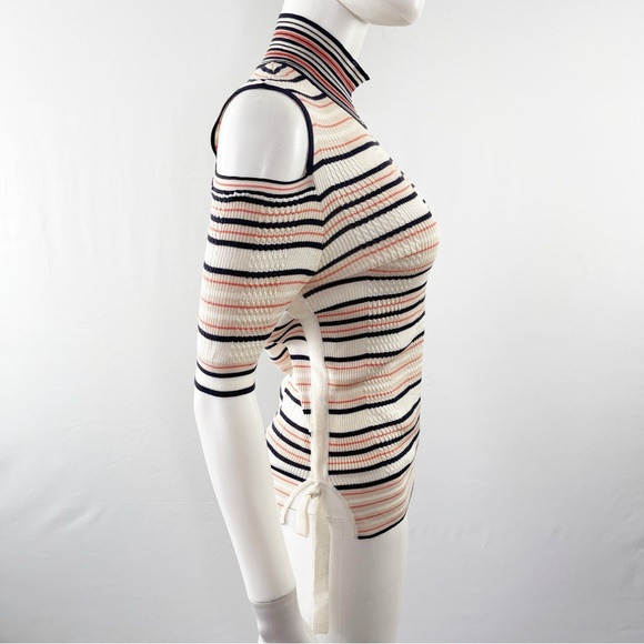 Authentic FENDI Tan Striped Cold Shoulder Mock Neck Sweater Top Size US 8 - Picture 6 of 14
